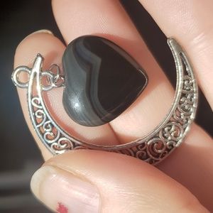 *Sale* New Carved Heart Shaped Black Stripes Agate Crescent Moon Silver Pendant.